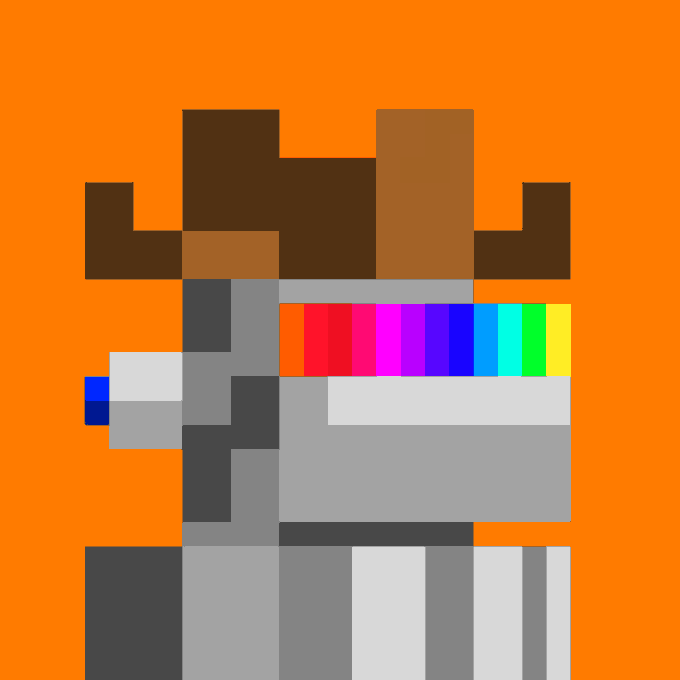 A pixel art rendering of a llama or alpaca character with brown fur and a rainbow-striped body stands against a solid orange background.