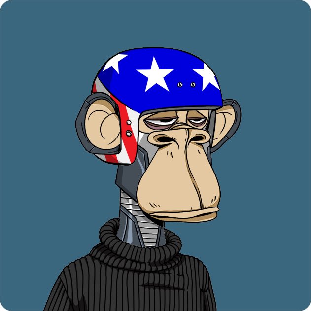 A cartoon Bored Ape-style character wearing a blue helmet decorated with white stars and red-and-white stripes.