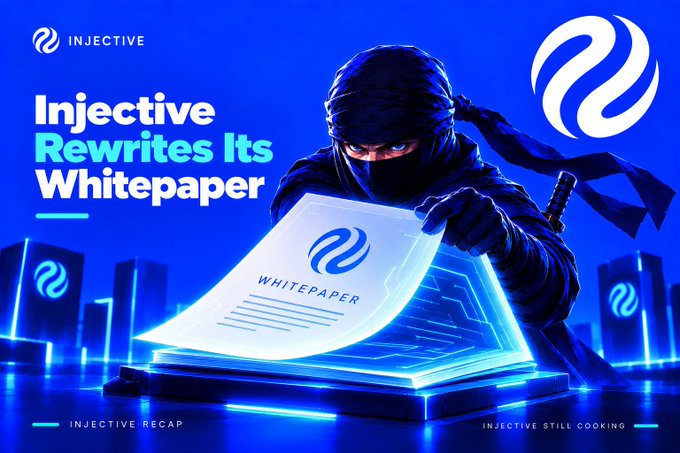 A blue promotional banner for Injective stating 'Injective Rewrites Its Whitepaper', showing a ninja character emerging from a laptop displaying the document.