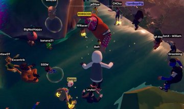 A group of digital avatars with usernames like "CryptoshiUnami," "papiflow," "WENRUG," "BigHueHappy," and "SSDW" are gathered in a virtual landscape, with one character in the center appearing to relax among friends, perfectly capturing the chill, social atmosphere of the OthersideMeta event.