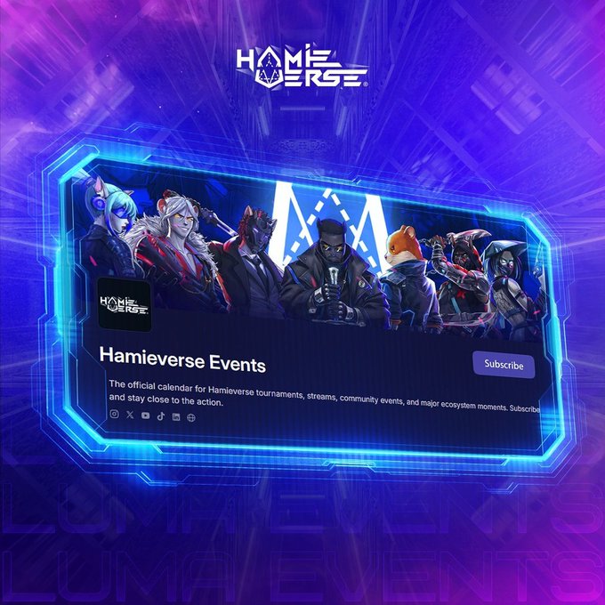 A vibrant purple and blue promotional banner for 'Hamieverse Events' featuring a lineup of stylized character avatars (including anime-style and anthropomorphic characters) with a 'Subscribe' button and description of tournaments, streams, and community events.