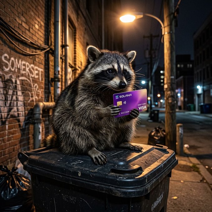 An AI-generated image of a raccoon sitting on a trash bin in a dark alley at night, holding a purple Solana debit Visa card with the name 'RACCOON' on it.