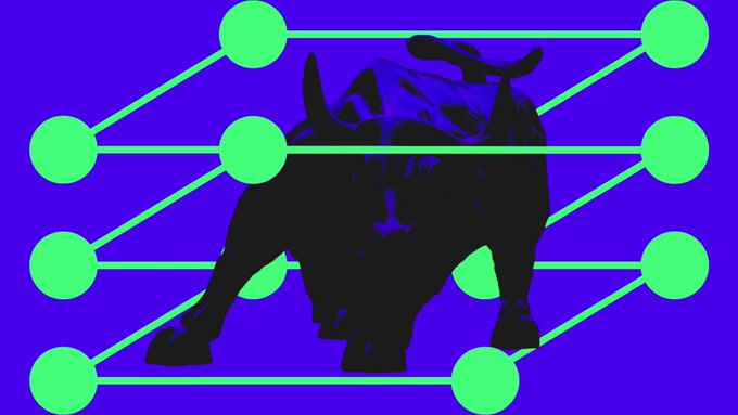 A stylized graphic of a black bull silhouette against a blue background, overlaid with a green network of nodes and lines resembling a blockchain or data structure.