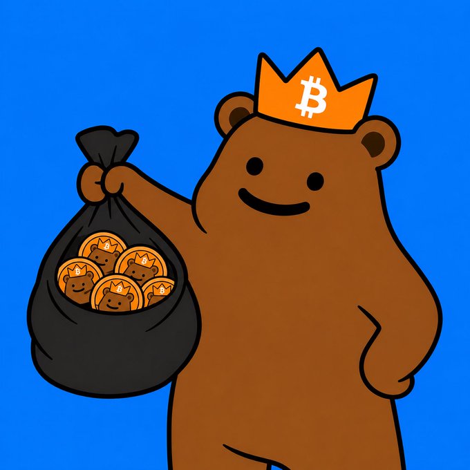 A cartoon illustration of a brown bear wearing an orange Bitcoin crown, holding a black bag filled with smaller bear-faced Bitcoin coins against a blue background.