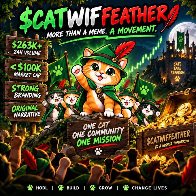 A vibrant promotional graphic for the $CATWIFFEATHER meme coin featuring cartoon cats dressed as Robin Hood characters with green hats and feathered caps, declaring "More than a meme. A movement" and highlighting key stats: "$263K+ 24H volume," "<$100K market cap," "Strong branding," and "Original narrative." The image visually reinforces the post's claim that $CATWIFFEATHER is a standout Robinhood Chain project, showcasing its mascot crew rallying behind a treasure chest with the slogan "Cats Take Freedom" and "One Cat, One Community, One Mission."