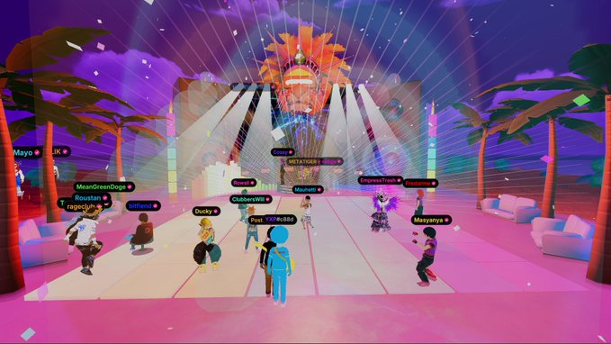 A vibrant virtual party scene with multiple avatar characters with usernames like 'Mayo...JK', 'META1688', 'rainbowDog', 'Ducky', 'Macayno' on a colorful dance floor with a stage featuring a sunburst design.