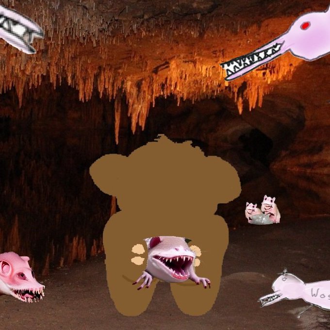 A cave interior with stalactites is overlaid with bizarre, cartoonish creatures including a pink axolotl-like face, a screaming mouth, and a crocodile-headed spoon labeled 'Wos'.