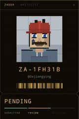 A pixel-art character identified as 'ZAD08' displays a wallet address 'ZA-1FH31B' with a 'PENDING' status on a dark screen.