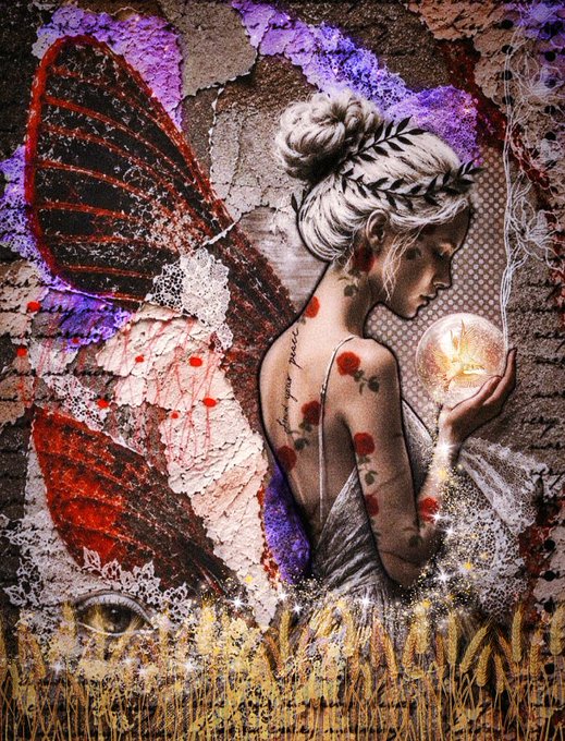 A mixed-media artwork depicting a fairy-like woman with butterfly wings holding a glowing orb, rendered in a textured, collage style with red poppies and a wheat field.