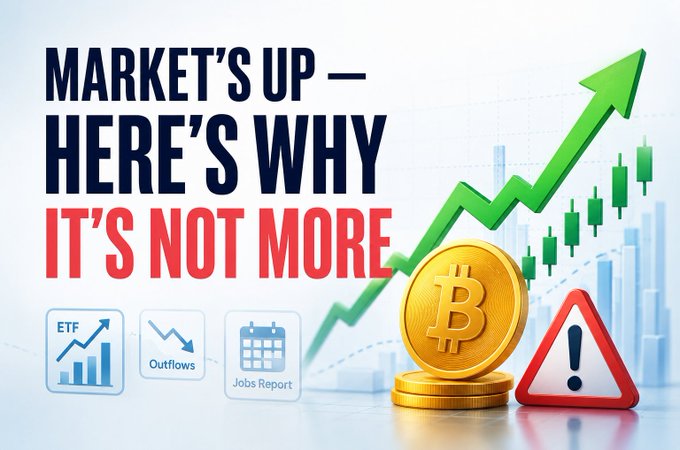 A financial graphic with text 'MARKET'S UP — HERE'S WHY IT'S NOT MORE' alongside a green upward arrow, a Bitcoin coin, and icons labeled 'ETF', 'Outflows', and 'Jobs Report'.