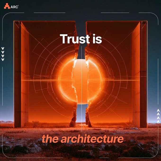 A stylized digital artwork with the ARC logo displaying 'Trust is the architecture' over an image of two large stone structures framing a glowing orange sun.