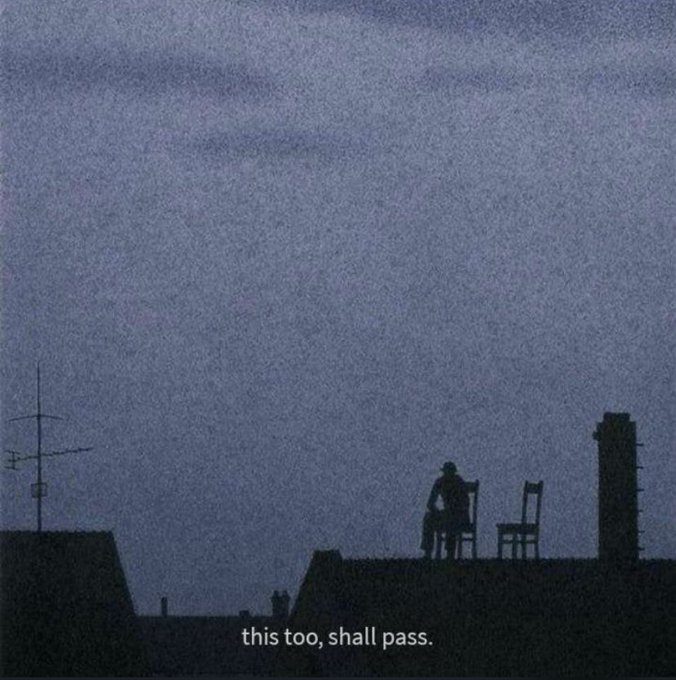 A silhouetted figure sits on a chair on a rooftop under a dusky sky, with the caption "this too, shall pass." The image complements the post's message about weathering the AI-driven fears in crypto by reminding readers that current panics—like concerns AI will "hack" Bitcoin—are temporary and will ultimately fade.