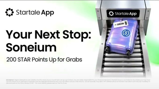 Startale App promotional banner reading “Your Next Stop: Soneium” and “200 STAR Points Up for Grabs,” with a purple suitcase traveling on a conveyor-like machine.