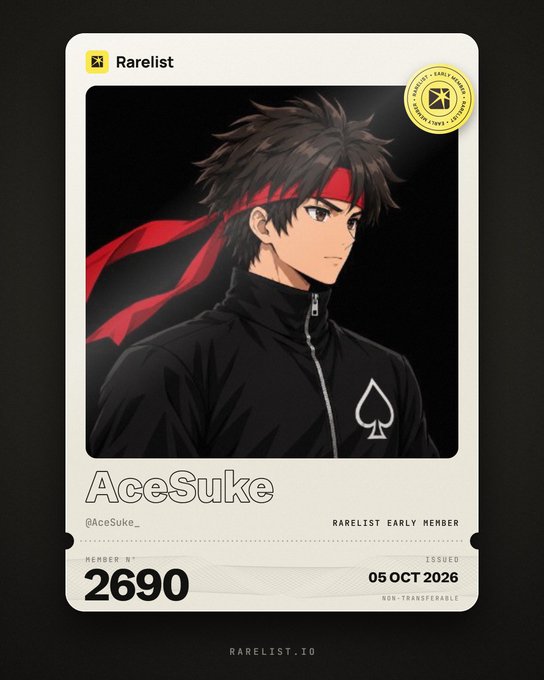A digital membership card from Rarelist.io for 'AceSuke' (@AceSuke_), numbered 2690, issued 05 OCT 2026, featuring anime-style artwork of a character with a red headband.