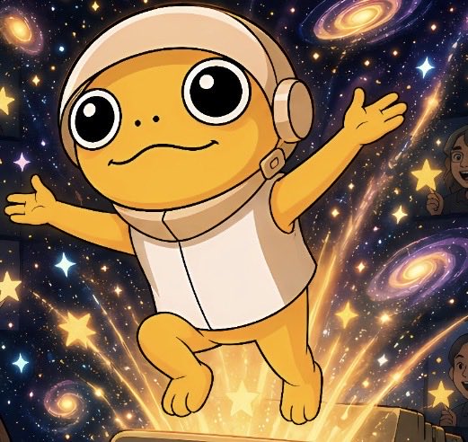 A cartoon-style illustration of a yellow character with large eyes wearing a space helmet, floating in a cosmic background with galaxies and stars.