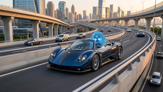 A sleek dark blue sports car speeds along a multi-lane highway with a glowing blue digital figure at the wheel, weaving through traffic in a modern cityscape—a visual metaphor for taking decisive action and positioning yourself ahead of the crowd rather than just talking about it.