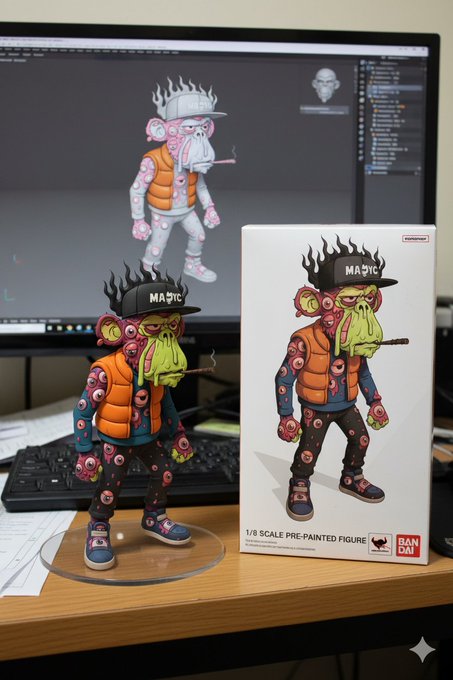 A 1/8 scale pre-painted figure by Bandai of the character 'Magic' next to its digital 3D model on a computer monitor.