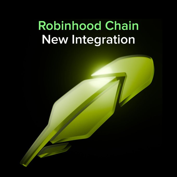 A promotional graphic announces "Robinhood Chain New Integration" in green and white text above a glowing green 3D diamond-shaped object against a black background, visually representing the newly added blockchain network support.