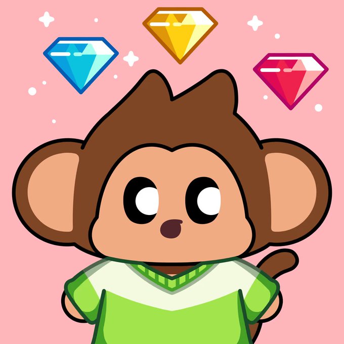 A cute cartoon illustration of a brown monkey character wearing a green and white sweater against a pink background, with three colorful diamonds floating above its head.