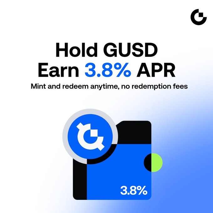 An advertisement graphic with text 'Hold GUSD, Earn 3.8% APR, Mint and redeem anytime, no redemption fees' featuring a blue credit card design with the letter 'G'.