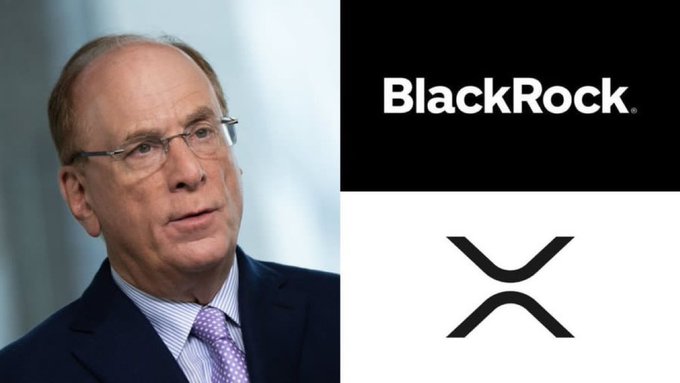 A composite image showing a man in a suit and glasses on the left, alongside the BlackRock logo and the XRP logo.