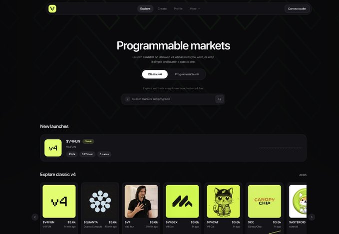 Website screenshot for Programmable markets on Uniswap v4, showing the tagline 'Launch a market on Uniswap v4 whose rules you write, or swap it simple and launch a Classic one,' with toggles for Classic v4 and Programmable v4 and a list of new launches including $V4FUN, $QUANTA, $SVF, $V4IDEX, $V4CAT, $CC, and $ASTERID.