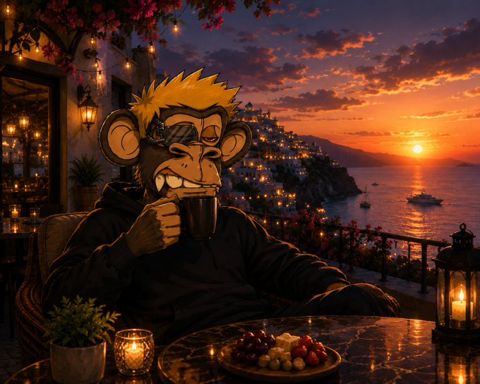 An AI-generated illustration of a Bored Ape-style cartoon monkey wearing sunglasses and a hoodie, sipping coffee at a table overlooking a sunset coastal town.