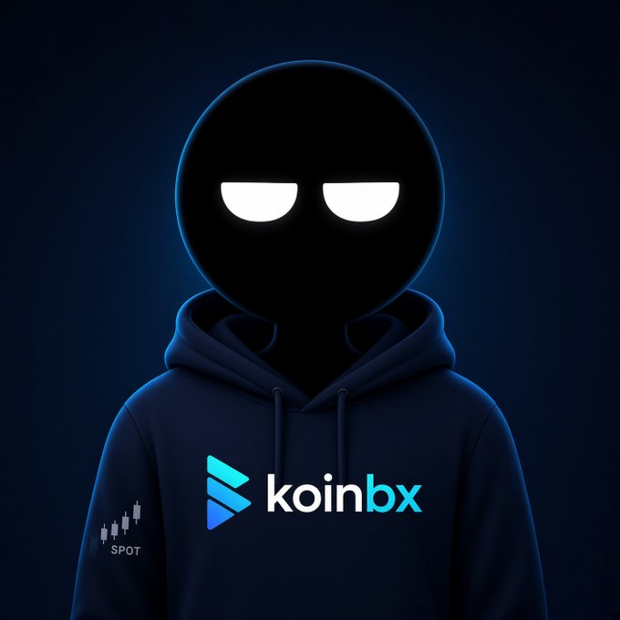 A shadowy hooded figure with glowing white eyes wears a navy hoodie featuring the "koinbx" logo and a "SPOT" candlestick chart icon, visually reinforcing the post's introduction to spot trading as a mysterious yet approachable concept for crypto beginners.