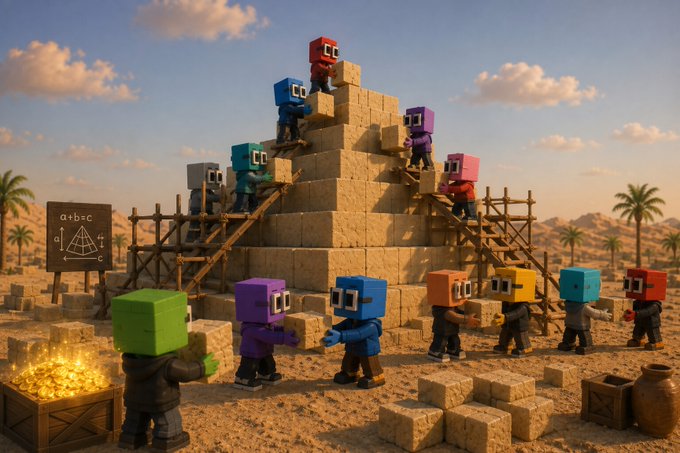 A whimsical 3D-rendered scene shows colorful blocky robot-like characters collaboratively building a stone pyramid in a desert landscape, with one holding a wooden sign reading 'a+b=c' featuring a triangle diagram.