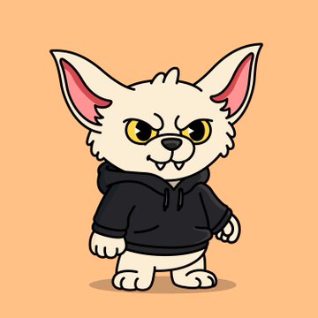 Cartoon chihuahua character wearing a black hoodie against an orange background.