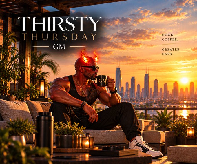 A promotional image reading 'THIRSTY THURSDAY GM - GOOD COFFEE, GREATER DAYS' featuring a muscular man with sunglasses drinking from a 'GM' mug on a rooftop overlooking a city skyline at sunset, with flames emanating from his head.