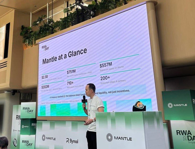 A speaker presents at RWA Day Singapore, with a large screen displaying "Mantle at a Glance" featuring key metrics including $2.5B in chain TVL, $751M in real-world asset stablecoins, $557M in stablecoin supply on Mantle, $202M in chain bridge volume, and 710+ Web3 assets alongside 200+ ecosystem dapps and partners. The image supports the post by highlighting Mantle's impressive RWA growth and liquidity figures, showcasing the network's expanding role in real-world asset tokenization.
