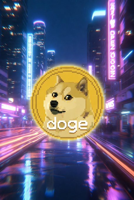 A pixelated Doge coin set against a vibrant cyberpunk cityscape at night, with neon signs and light trails illuminating the wet street. The word 'doge' is written across the coin.
