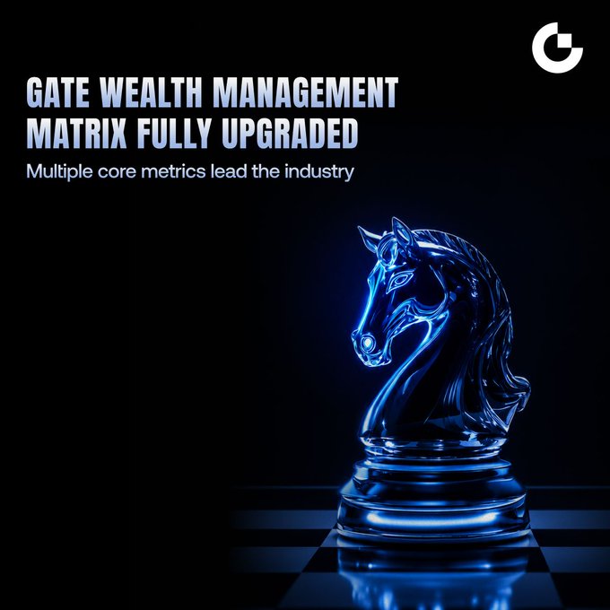 A promotional graphic for Gate Wealth Management's upgraded matrix features a glowing blue chrome knight chess piece on a dark background, with the text "GATE WEALTH MANAGEMENT MATRIX FULLY UPGRADED" and "Multiple core metrics lead the industry." The knight chess piece symbolizes strategic advantage in the stablecoin yield landscape, tying into the post's message about investors needing to think beyond surface-level APYs to find liquidity, capacity, and sustainable returns.