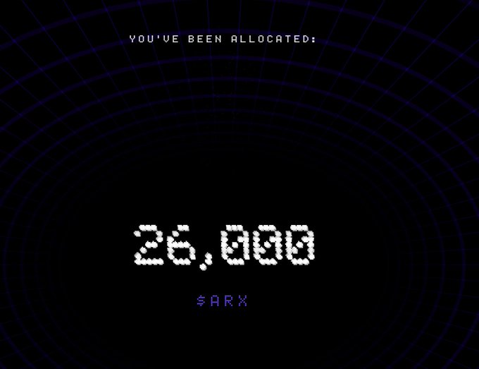 The image features a computer screen with a large number displayed at the top that reads "26,000". The background of the image is black, which contrasts with the white numbers on the screen. There are also some text elements present in the image, including the words "you've been allocated" and "@Arcium", as well as the names of two people: "@loosty" and "@Arcium".