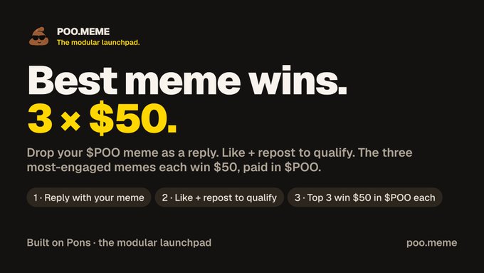 The image is a promotional graphic for the "POO.MEME" platform, declaring "Best meme wins. 3 × $50." with instructions to reply with a meme, like and repost to qualify, and noting that the top three memes each win $50 in $POO. It supports the accompanying post's meme contest announcement, reinforcing the rules and prize structure for participants.