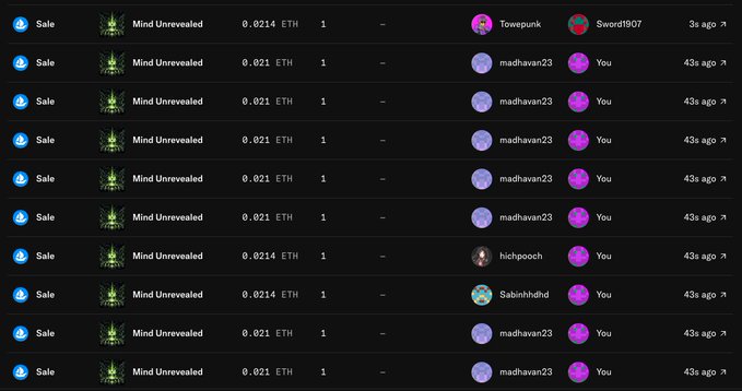 The image displays a series of 10 "Mind Unrevealed" NFT sale listings on OpenSea, each priced at 0.021 ETH, where the same buyer (You) purchased the items from sellers like madhavan23, hichgooch, Sabinhihdid, and Sword1907, with most transactions occurring 43 seconds ago. This visualizes the post's boast about sweeping 10 MDG (Mind Unrevealed) NFTs purely for gas accumulation (GA), with the seller Sword1907 standing out as the most recent transaction from 3 seconds ago.