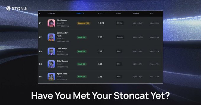 A promotional screenshot for STON.fi showing a rarity leaderboard of Stoncat NFTs, listing 'Pilot Cosmo' (#1, 1,029 GEMSTON), 'Commander Flash' (#2, 228), 'Chief Warp' (#3, 210), 'Chief Cosmo' (#4, 157), and 'Agent Atlas' (#5, 105), with the caption 'Have You Met Your Stoncat Yet?'.