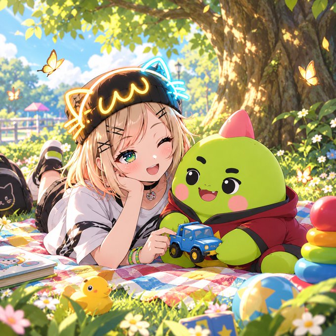 An anime-style illustration of a cheerful blonde girl with a neon cat-ear headband posing with a cute green dinosaur character in a red hoodie, holding a small blue toy truck during a picnic outdoors with butterflies and flowers.