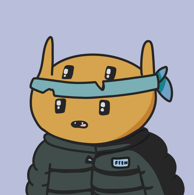 The image features a cartoon character wearing a jacket with a hood and a bandana over its eyes. The character appears to be a cat or an animal-like creature, possibly a dog or a bear. The background of the image is purple, which contrasts with the brown color of the character's fur.