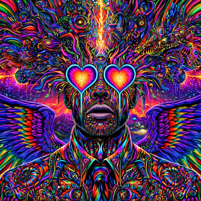 A psychedelic digital artwork features a symmetrical figure with glowing heart-shaped eyes, colorful wings, and intricate, surreal details throughout.