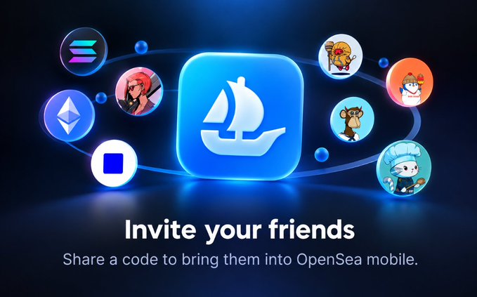 Promotional graphic for OpenSea mobile featuring a central blue sailboat icon surrounded by various NFT avatars, with the text 'Invite your friends - Share a code to bring them into OpenSea mobile.'