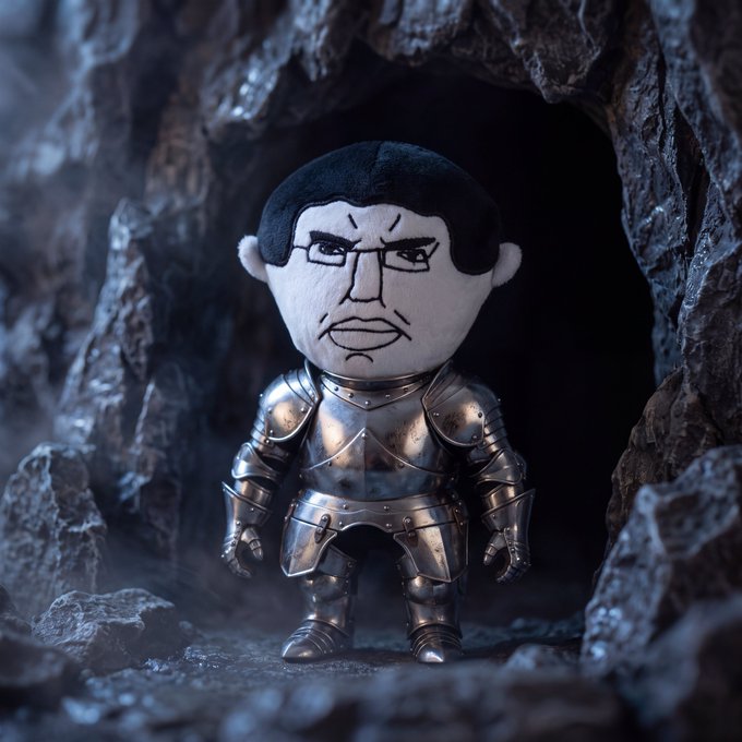 A plush doll resembling a stern-faced man with glasses and a mustache, dressed in metallic silver knight's armor, standing in a rocky cave setting.