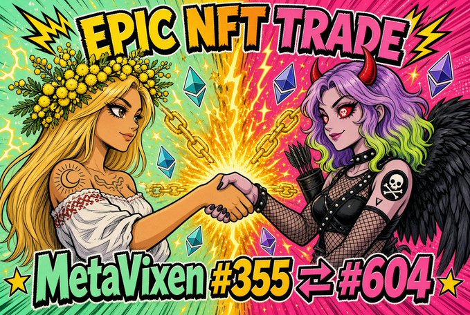 A colorful illustrated thumbnail reading 'EPIC NFT TRADE - MetaVixen #355 ⇄ #604' depicting two stylized anime-style female characters shaking hands with an explosion of Ethereum logos and gems between them.
