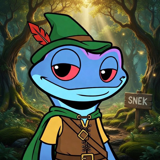 A cartoon blue snake character wearing a green Robin Hood hat with a red feather and brown tunic, standing in an enchanted forest with a 'SNEK' sign.