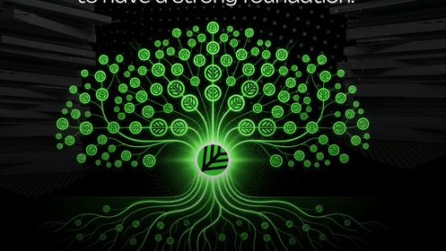 A glowing green digital tree illustration with a central logo on a dark background, with partially visible text reading 'have a strong foundation.'