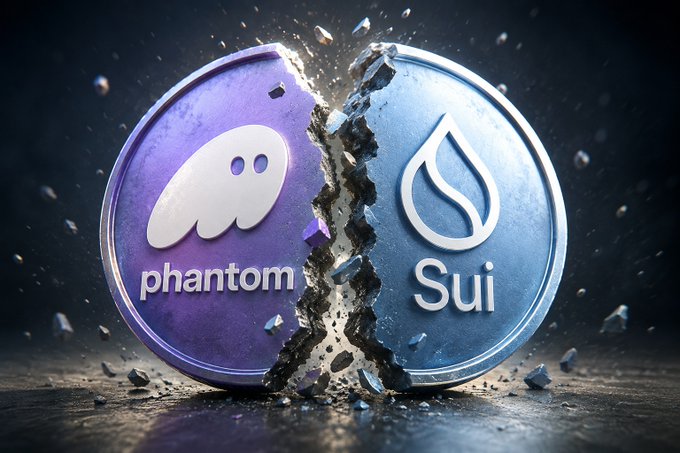 A dramatic 3D illustration of a metallic coin split in half down the middle, with the purple left side displaying the "phantom" ghost logo and the blue right side displaying the "Sui" water droplet logo, with debris flying outward.