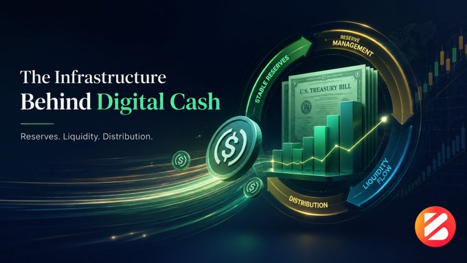 A digital graphic titled 'The Infrastructure Behind Digital Cash' displays 'Reserves. Liquidity. Distribution.' alongside imagery of U.S. Treasury Bills, dollar coins, and growth charts.