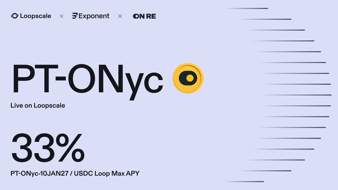 Loopscale promotional graphic announcing PT-ONyc is live on Loopscale with a 33% PT-ONyc-10JAN27/USDC Loop Max APY, featuring Loopscale, Exponent, and ON RE logos.
