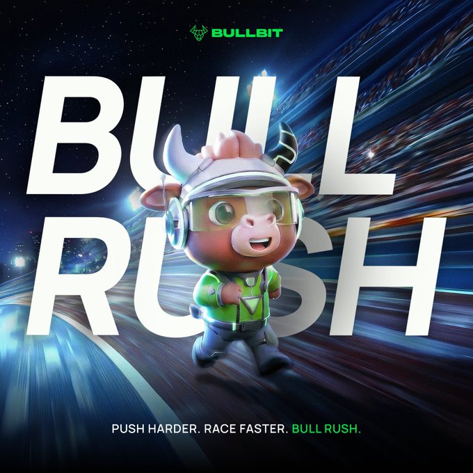 The image features a cartoon bull character running at high speeds, with the text "Bull Rush" written above him. The background of the image shows a blue sky filled with stars, giving the impression that the scene takes place in outer space or on a planet with a star-studded night sky. The post encourages users to focus on their speed and dominate the market by pushing harder, racing faster, and bullishly charging forward.